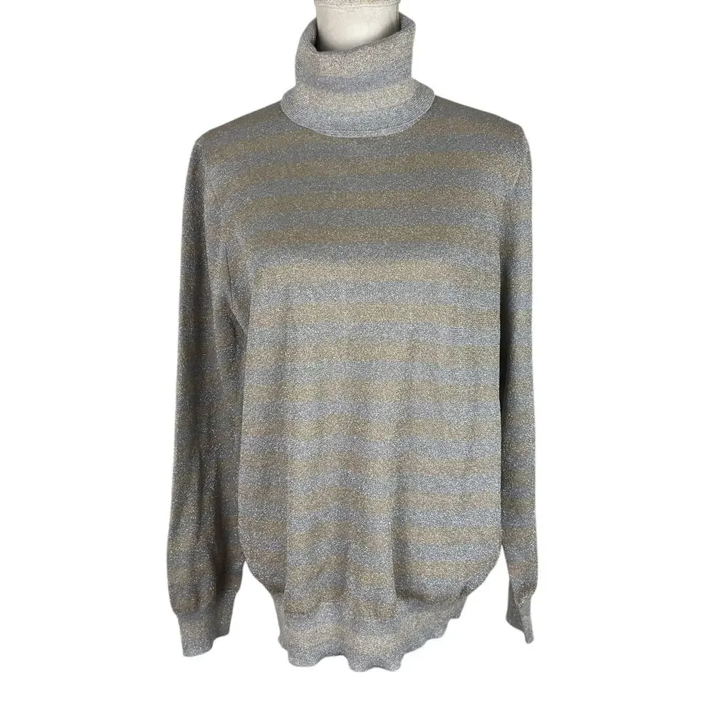 J. Crew Turtleneck Sweater Cotton Metallic Gold Silver Striped Size Large NEW - Picture 3 of 9